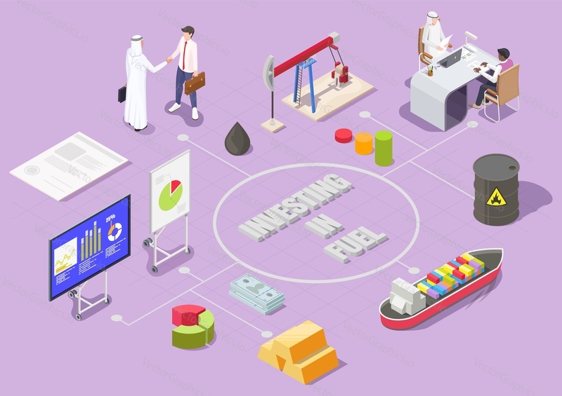Investice do vývojového diagramu paliva, vektorové izometrické ilustrace. Těžba ropy, jednání a podpis investiční dohody. Investice do ropných a plynárenských společností. Ropný průmysl.