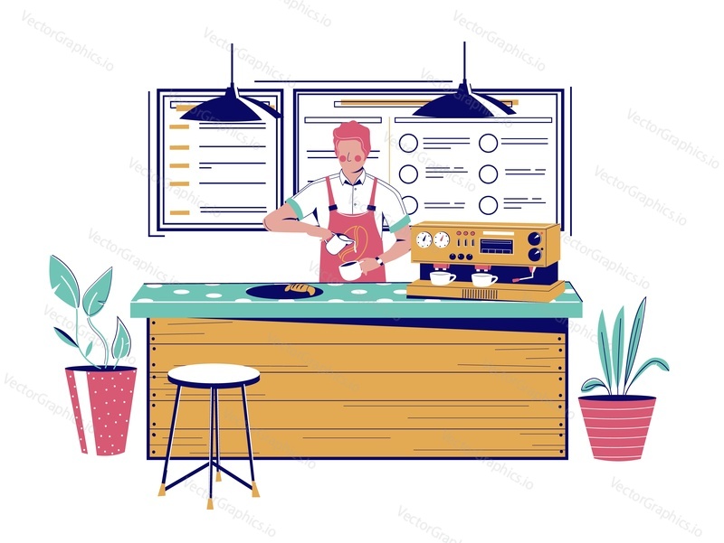 Kavárna pult, barista dělat horký nápoj, ploché vektorové ilustrace. Kavárna, bar, Restaurace, Kavárna malé firmy.