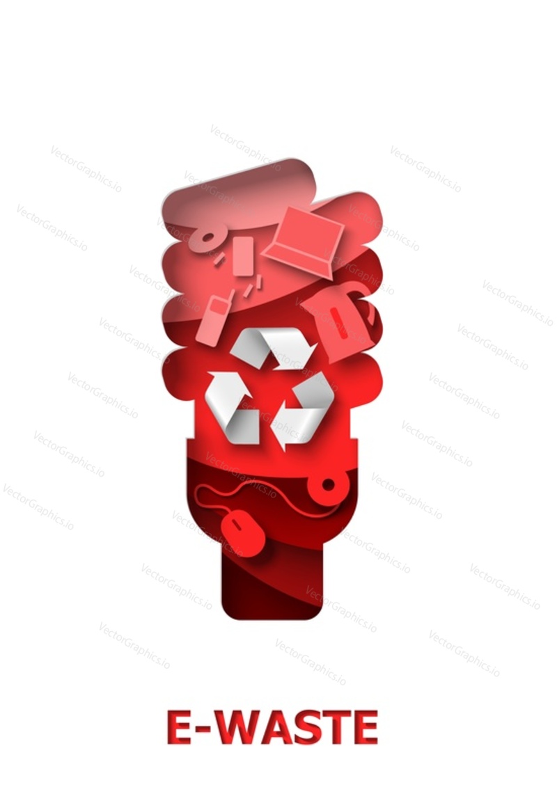 Recyklujte energeticky účinnou elektrickou lampu s elektronickým odpadem a recyklovatelným materiálem, vektorové ilustrace v papírovém uměleckém řemeslném stylu. Čau. Opětovné použití a recyklace odpadu. Šetřete životní prostředí.