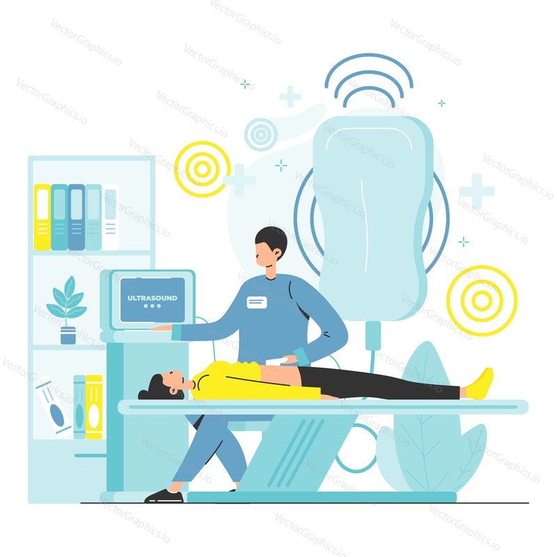 Lékař dělá břišní ultrazvukovou diagnostiku pacientce ležící na lékařském lůžku, ploché vektorové ilustrace. Ultrazvukové lékařské vyšetření. Gastroenterologie. Ultrasonografie.