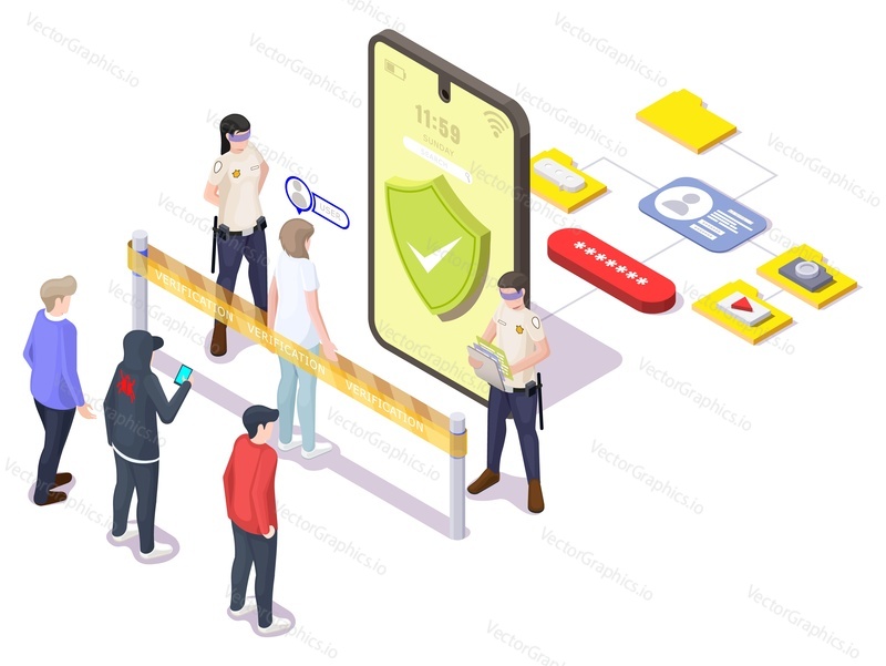 Пользователь мобильного телефона перед смартфоном со щитом на экране, плоская векторная изометрическая иллюстрация. Идентификация пользователя. Мобильная аутентификация, проверка личности пользователя.