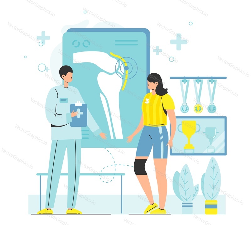 Doctor orthopedist treating patient athlete suffering from knee joint pain, flat vector illustration. Traumatology and orthopedics. Knee injury, arthritis, osteoarthritis, rheumatoid arthritis.