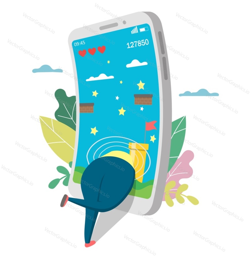 Женщина, играющая в видеоигру на смартфоне, плоская векторная иллюстрация. Зависимость от мобильных игр. Онлайн-игры. Нездоровый образ жизни.
