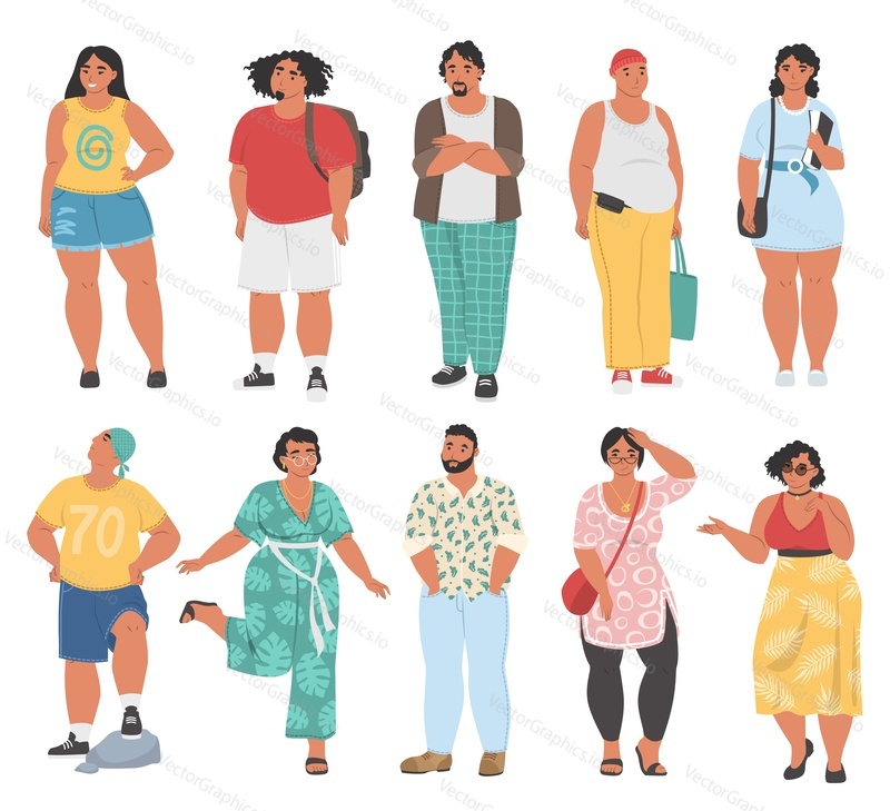 Chubby person cartoon character set, flat vector isolated illustration. Plus size woman, curvy lady, fat man wearing casual clothes. Body positive.