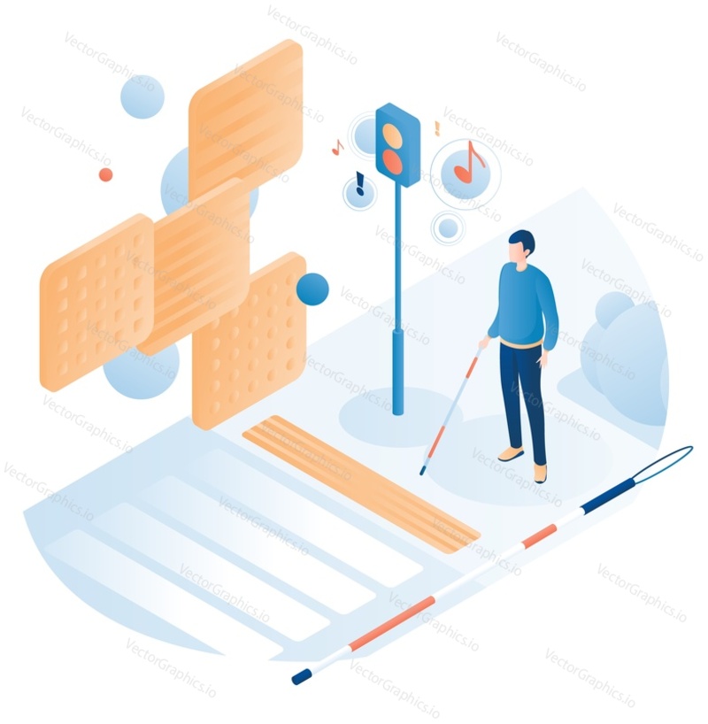 Blind man with cane crossing road at the lights with accessible pedestrian signals and crosswalk with tactile warning tiles, flat vector isometric illustration. Barrier free environment.