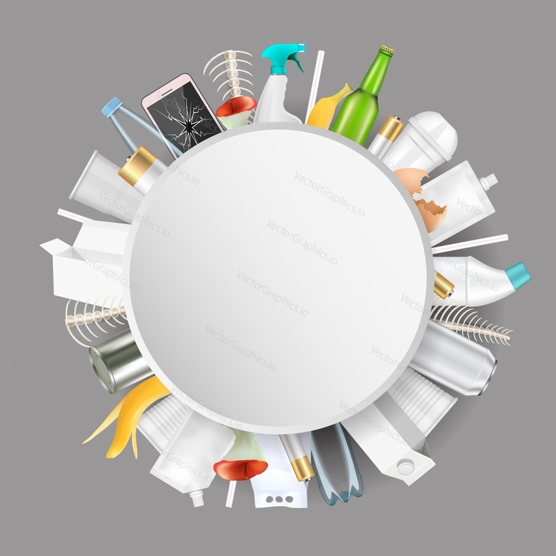 Waste pollution round frame, vector illustration. Save environment, reduce household garbage, ecology.