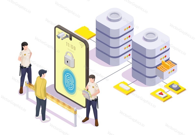 Fingerprint data access control system 3D vector. User checkout before information business cloud usage izometrický 3D design