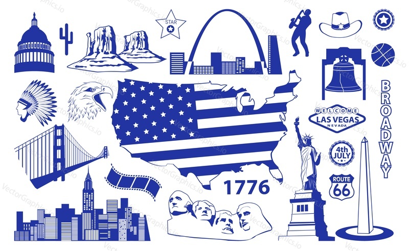Americký slavný městský orientační bod a budova vector set. New York, Chicago, Washington a Las Vegas atrakce, národní symbol. Ilustrace Cestovní destinace