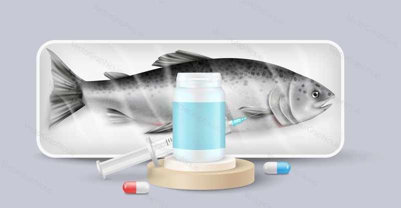 Antibiotikum pro produkci ryb vektorové ilustrace. Konzervační látky a farmaceutické přísady pro mořské plody. Sleď v balení a pilulky, injekční stříkačka s injekcí, léky kapsle realistický 3D design