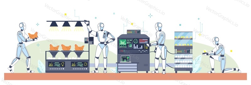 Вектор технологии роботизированной фермы. Иллюстрация умного инкубатора для цыплят. Автоматизированная фабрика по выращиванию домашней птицы и сбору яиц с роботом-работником