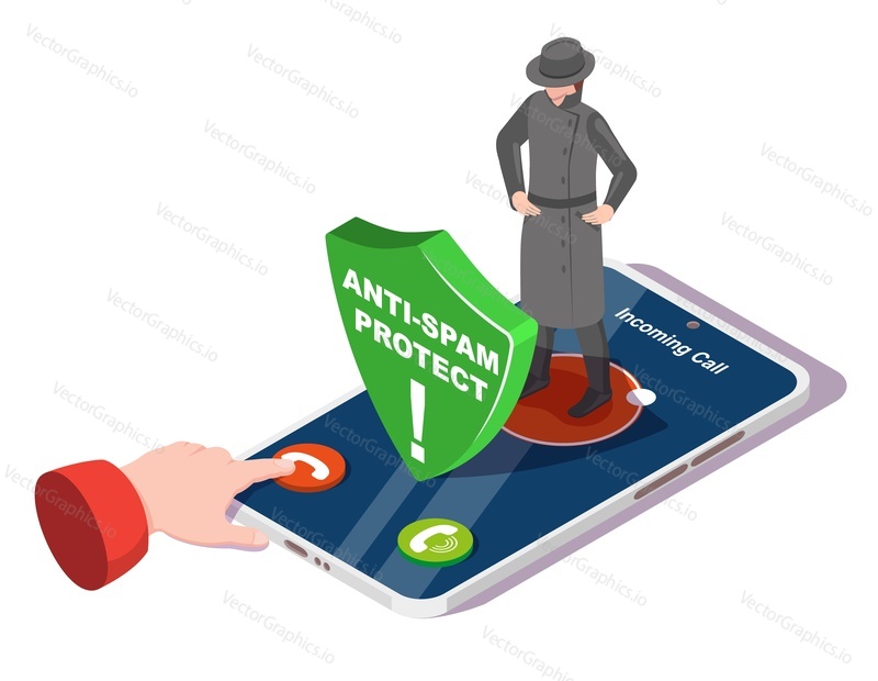 Anti spam mobile protect service vector. Neznámý podvodný blok příchozího hovoru. Smartphone hacker podvádění bezpečné. Antivirová aplikace telefonu a bezpečnost soukromí
