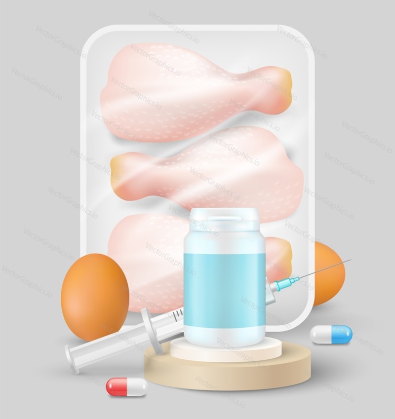 Antibiotikum kuře a vejce vektorové ilustrace. Pharma jídlo. Drůbeží nohy v balení. Konzervační látky, léky, hormony a steroidy pro urychlení růstu drůbeže v laboratoři