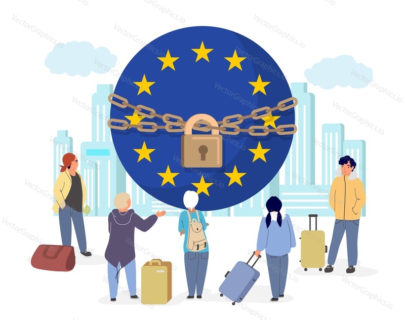 Вектор закрытых границ ЕС. Люди с багажной сумкой стоят перед металлической цепью с навесным замком на фоне городского пейзажа