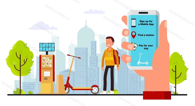 Elektrický skútr pronájem mobilní aplikace ploché vektorové ilustrace. Objednejte si přepravu escooter online, Najděte polohu a bezdrátové platební služby na smartphonu