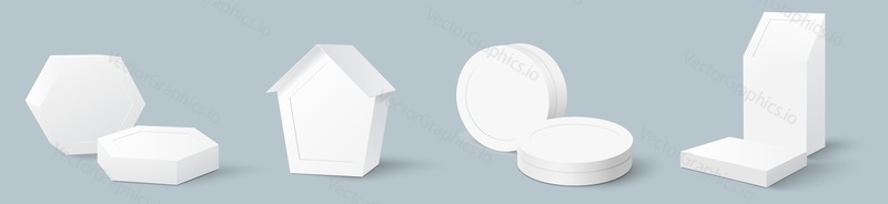 Candy box and package mockup vector set. White cardboard container with lid illustration. Cookie packaging realistic blank design for product merchandise