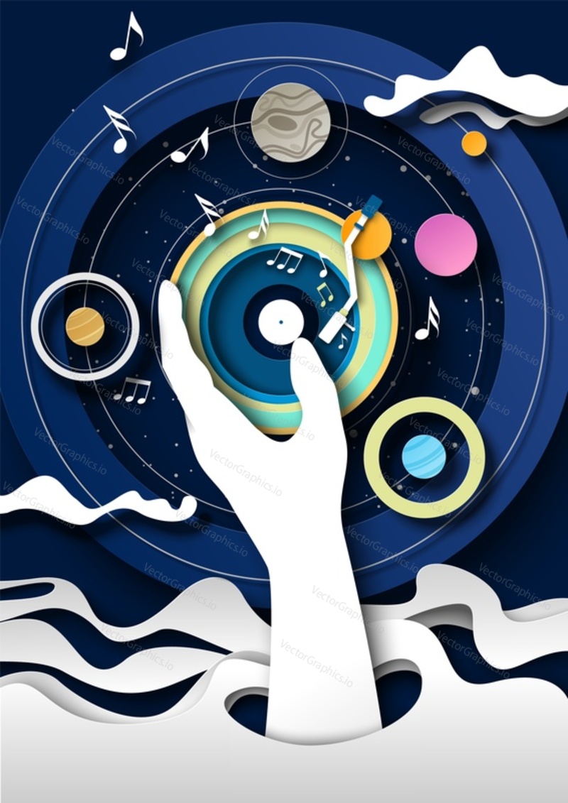 Reklamní plakát elektronické hudby. Vinylové CD, hudební nota, dj ruční kreativní papír řezané umělecké řemeslné ilustrace. Disco festival zábava, pop0-hudební party koncert propagace
