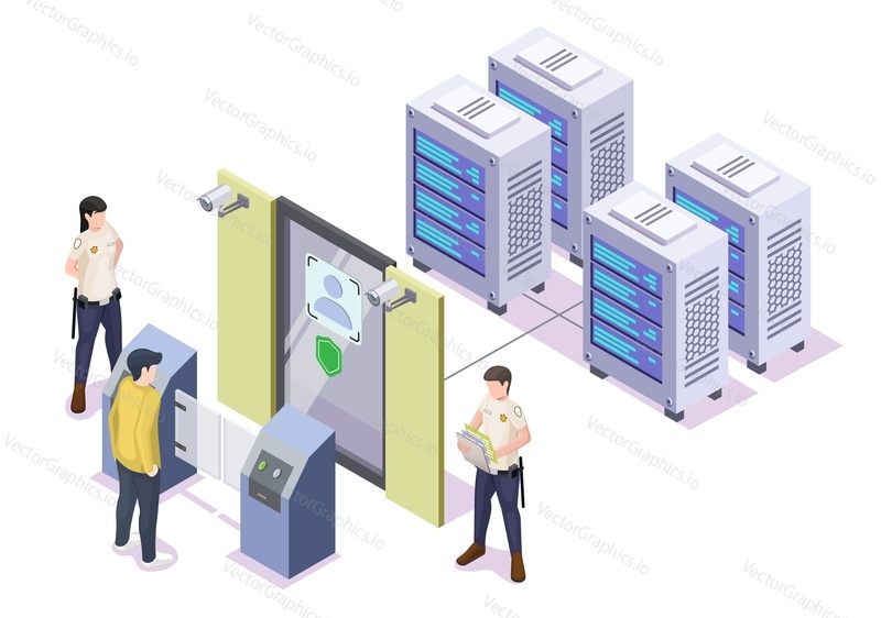 Face recognition access control system vector. Man biometrické ověřování před použitím dat informace izometrický 3D design