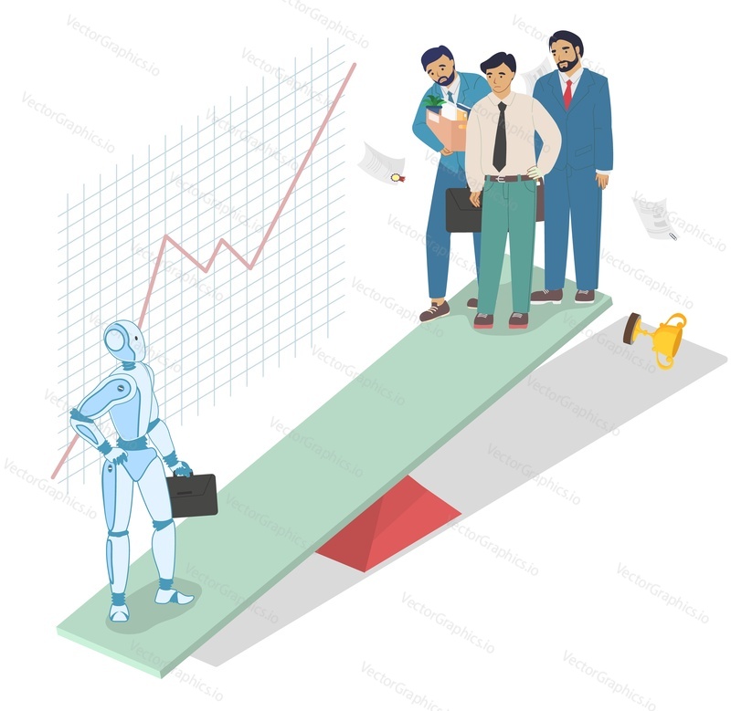 RPA versus manual labor 3d vector illustration. Robotic process automation vs people team work. Automatic technology, artificial intelligent advantage