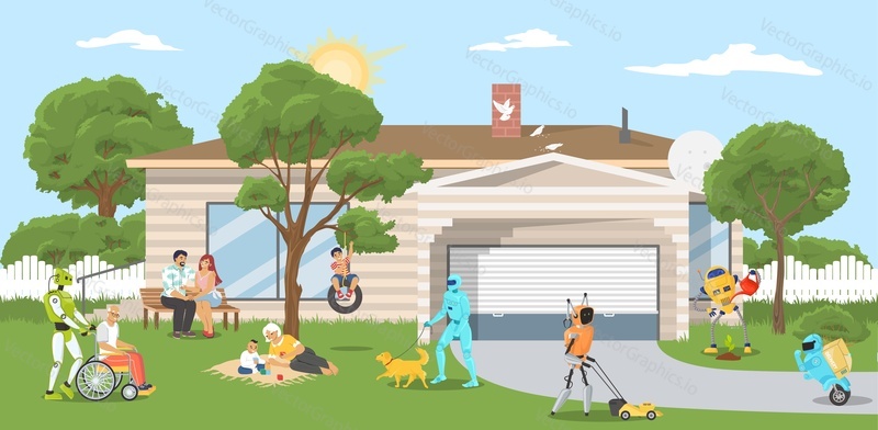Robot help elderly at nurse home vector illustration. AI machine assistance for elderly people. Artificial intelligence service in medical centre. Futuristic technology for pensioner support