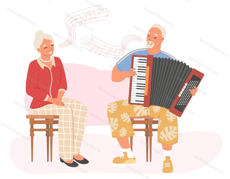 Staré starší lidé zpěv vektorové ilustrace. Starší muž hudebník hrající hudbu na akordeon a starší zralá žena zpěvák. Pár v důchodu volný čas zábava