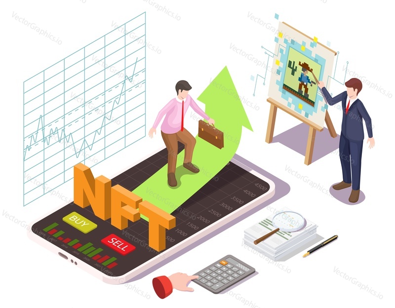 Finanční obchod a investiční vektor. Ilustrace obchodování NFT. Digitální umění crypto token virtual protocol artist mobile app. Obchodní školení. Broker konzultace