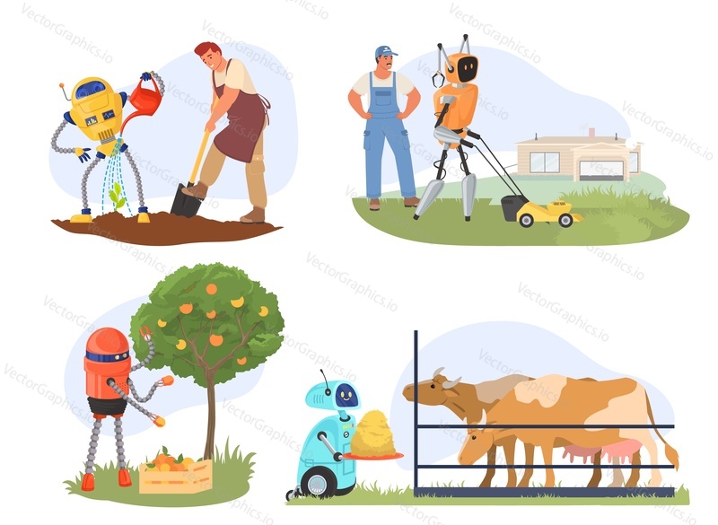 Automatizovaný vektor života farmy. Inteligentní technologie a koncepce zemědělství. Robot pomáhá farmář ilustrace set. Ai strojní sklizeň, práce na hospodářských zvířatech, pěstování zahradních rostlin, scéna sběru ovoce