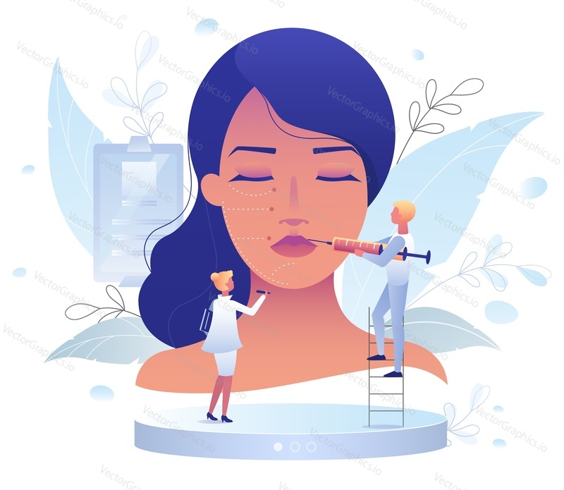 Lip contouring procedure vector. Beautician cosmetologist holding syringe making injection with hyaluronic acid filler to woman patient illustration. Face beauty and cosmetology concept