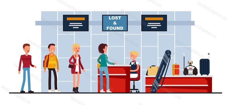 Ztracený a nalezený servisní vektor. Lidé stojí ve frontě na přepážce letištního terminálu se správcem. Zavazadla a osobní věci vyhledávání, najít a vrátit se k majiteli ilustrace