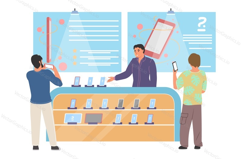 Moderátor vedení telefon výstavní akce na pult desk vektorové ilustrace. Nová elektronická prezentace produktů, uvedení digitálního zařízení a inteligentní technologické linky