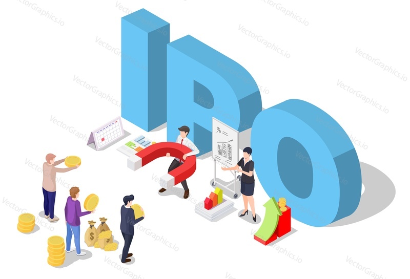 Ipo akciová společnost vector. Počáteční veřejná nabídka ilustrace. Veřejný trh, obchodní příležitosti a investice. Podnikatelé vydělávající peníze. Finanční přitažlivost, finanční růst