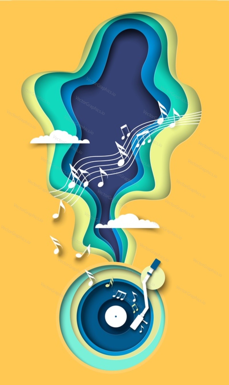Music paper cut art origami style vector banner. Musical notes, turntable with vinyl CD playing melody multilayer design. Festival, disco party or concert advertising poster