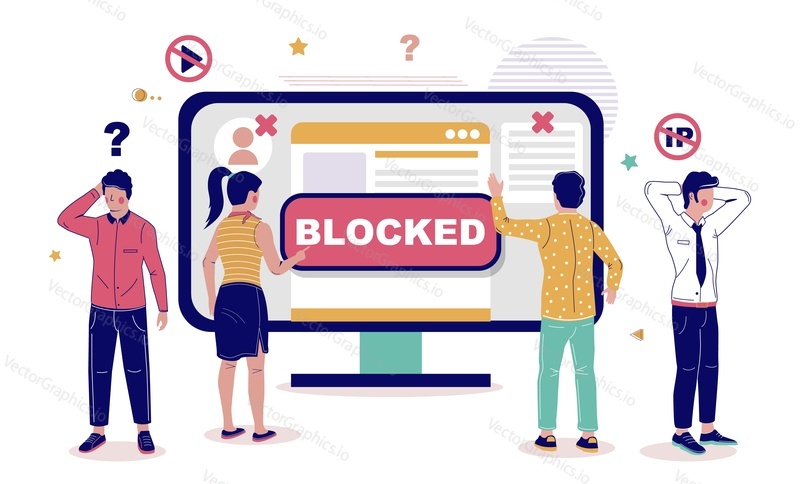 Website ip blocked flat vector illustration. Computer internet account, fake site or ad blocking. Sad unhappy user people and failed network online service. Closed access to content