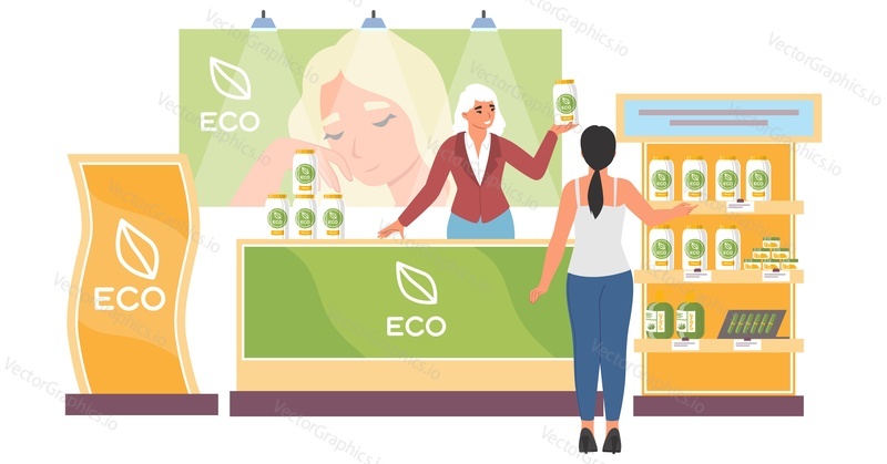 Žena výběru přírodní kosmetiky, parfémů a ekologických produktů v kosmetickém obchodě vektorové ilustrace. Prodejce nabízí přírodní organickou péči o pokožku a vlasy, sortiment bylinných parfémů na polici