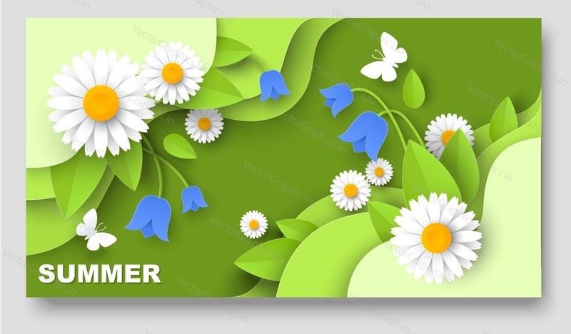 Letní banner prodej pozadí. Vektorový papír řez 3d řemeslo umění origami list a květinové scenérie. Botanická scéna pro diskontní plakát nebo ilustraci šablony letáku. Letní koncept