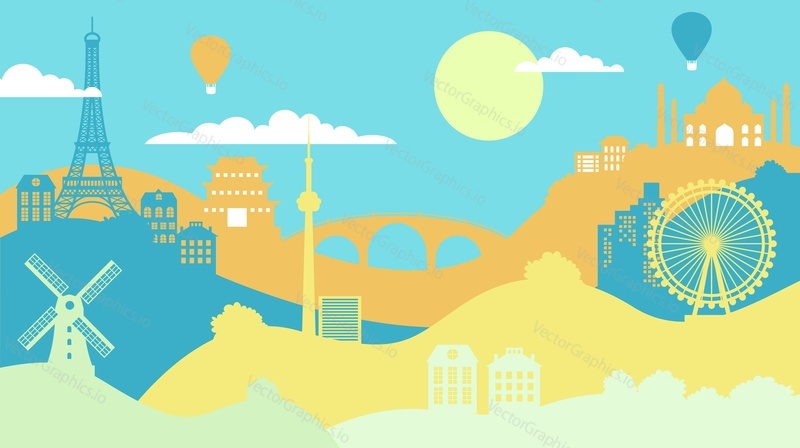 World travel background vector. Tourism illustration. Tour to Europe illustration. Holiday adventure scene. City architecture with famous attractions, landmark and skyscraper landscape