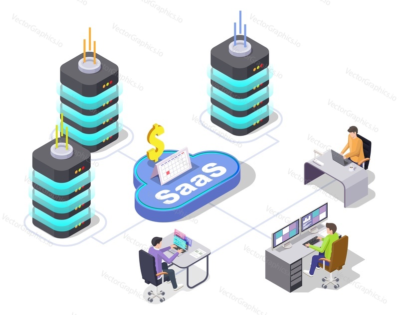 Вектор SAAS. Концепция программного обеспечения как сервиса. Программное обеспечение, облачный сервис и технология crm-платформы 3d-иллюстрация. Бизнес и информация, удаленная командная работа