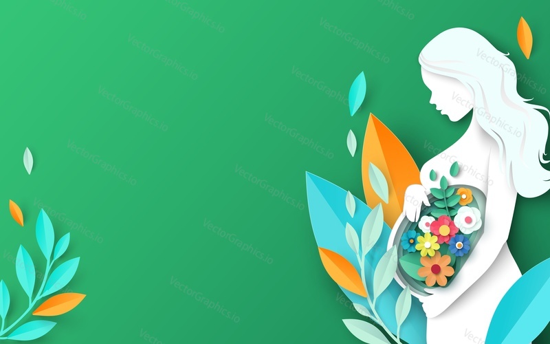 Pregnant woman with flower in stomach vector. Happy pregnancy, childbearing and maternity concept. Young girl expecting child birth feeling baby kick illustration