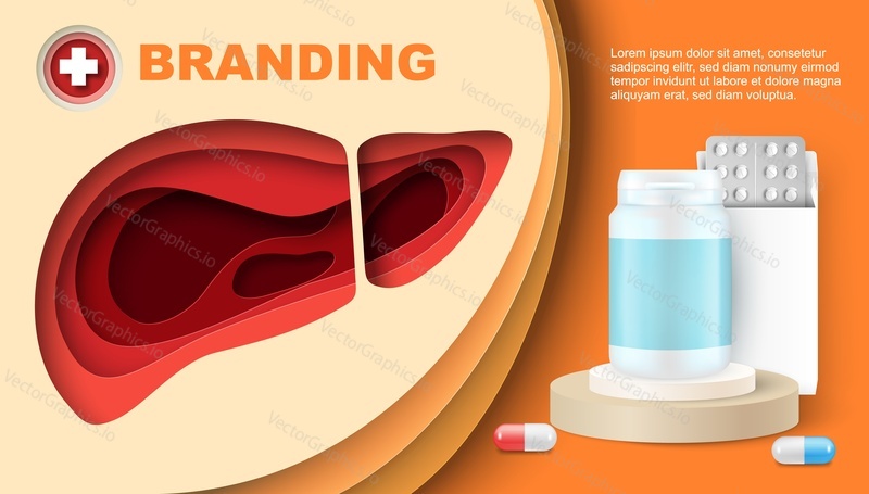 Pills for liver disease treatment vector illustration. Tablet branding 3d banner template. Drugs and vitamin, organic supplement and painkiller for first aid. Pharmacy concept