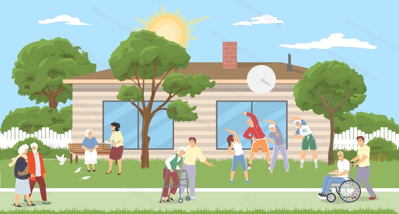 Nursing home illustration. Vector old people patient and carer, caregiver, nurse or doctor. Elderly doing training workout with instructor trainer, walking with caregiver, talking with visitor