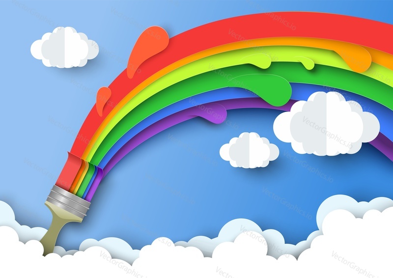 Vector brush painting colorful rainbow. Acrylic oil dye multicolored strip on sky with cloud. Papercut art composition design. Creativity and decorative work illustration. Artistic printmaking concept