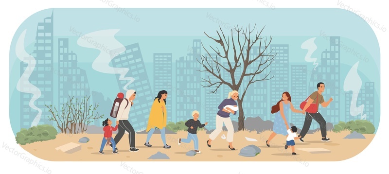 Uprchlíci utíkají ze zničeného města vektorové ilustrace. Ukrajina rodina, přežití lidé unikající z válečného konfliktu opouštět zničený domov dům