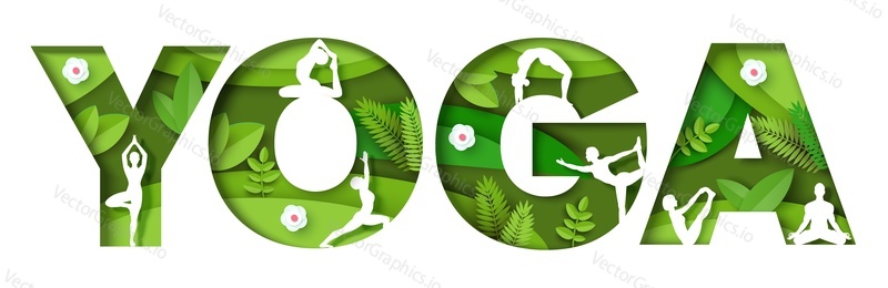 Jóga vektor. Logo plakát s textem. Slovo banner. Propagace sportovní tělocvičny. Balanční trénink a meditace reklama. Papír cut 3D craft art design s lidmi yogi silueta nad zeleným květinovým vzorem