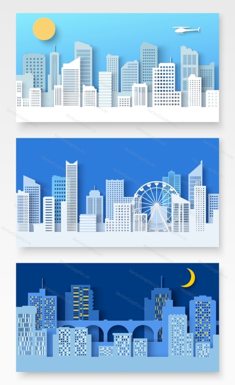 Banner město krajina papír řez vektorové ilustrace. Městská ulice a stavební konstrukce silueta pozadí. Panoramatická sada architektury v centru města. Grafický mrakodrap. Abstraktní Panoráma města