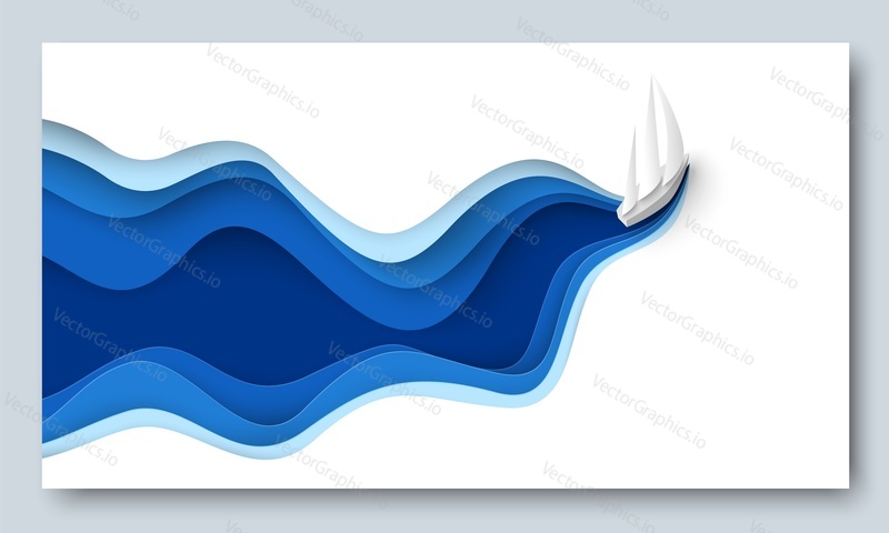 Papír řez plachetnice nad mořskou vlnou vektor. 3D craft art design. Cestovní pozadí. Vodní plavba ilustrace. Námořní plavba, prohlídka na jachtě během prázdnin reklama
