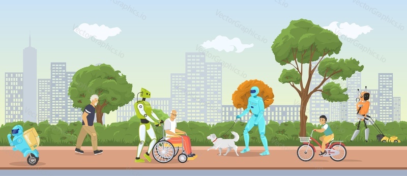 Robot pomoc vektor. Robotický stroj chůze se seniory ilustrace. Starší lidé charakter ošetřovatelství s futuristickou technologií. Osobní ai pečovatel. Umělá inteligence pomáhá v životě