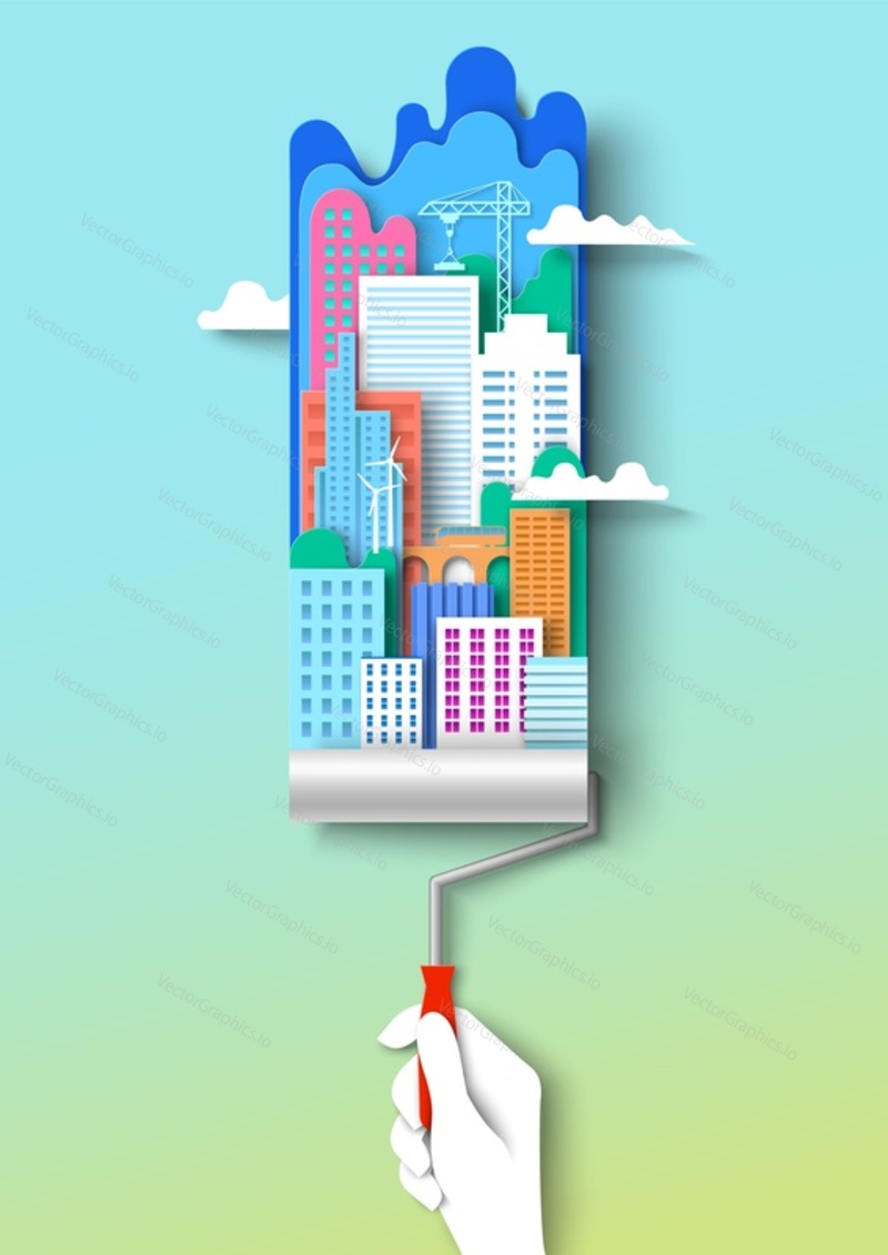 Green city with eco house building paint service vector logo. Roller paintbrush in painter hand color urban house. Town renovation, restoration. Ecological district with comfort apartment for living