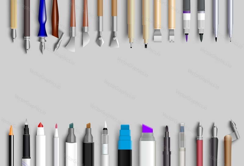 Calligraphy vector. Banner frame realistic 3d design with quill pen, pencil, brush, marker highlighter for writing practice. Advertisement and promotion concept