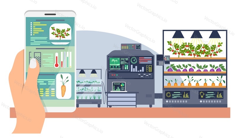 Умная ферма с управлением с мобильного телефона vector. Удерживающий в руке смартфон с использованием иллюстрации мобильного приложения smart control farming system
