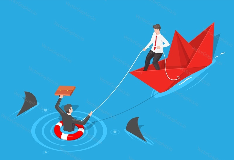 Man help to save life of sinking entrepreneur throwing buoy vector. Business preserver and bailout from bankruptcy concept. Insurance and financial support