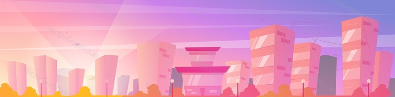 Sunset city vektorové pozadí. Panoráma města stavební banner. Plochá krajina s večerní nebo ranní oblohou a scénou městského domu. Mrakodrap ilustrace